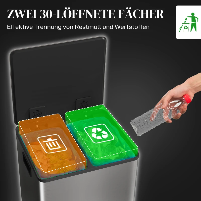 HOMCOM Mülleimer mit 2x30L Fächern, Soft-Close-Deckel, Fingerabdrucksicher, Edelstahl, Silber