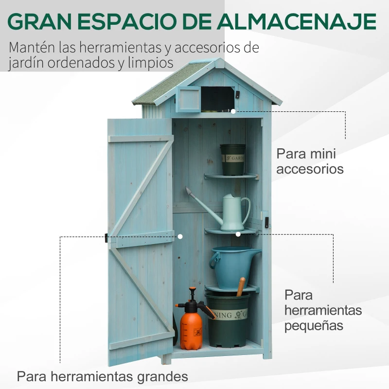Outsunny Armario de Jardín de Madera Armario de Almacenamiento Cobertizo de Jardín con Estantes 77x54,2x179 cm Azul y Verde