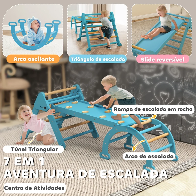 AIYAPLAY Triângulo de Escalada 7 em 1 com Arco e Rampa Escalada para Crianças de Madeira Dobrável para 18-48 Meses 188x70 cm Azul