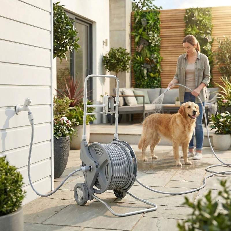 Outsunny Carucior pentru furtun 45 m tambur pentru furtun cu 2 moduri de pulverizare, adaptor robinet manivelă 2 roți 45 x 44 x 78 cm Gri