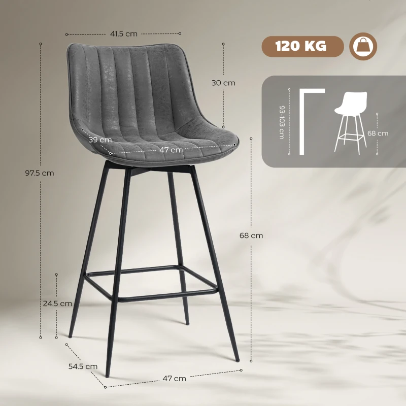 HOMCOM Set of 2 PU Leather Swivel Bar Stools - Grey