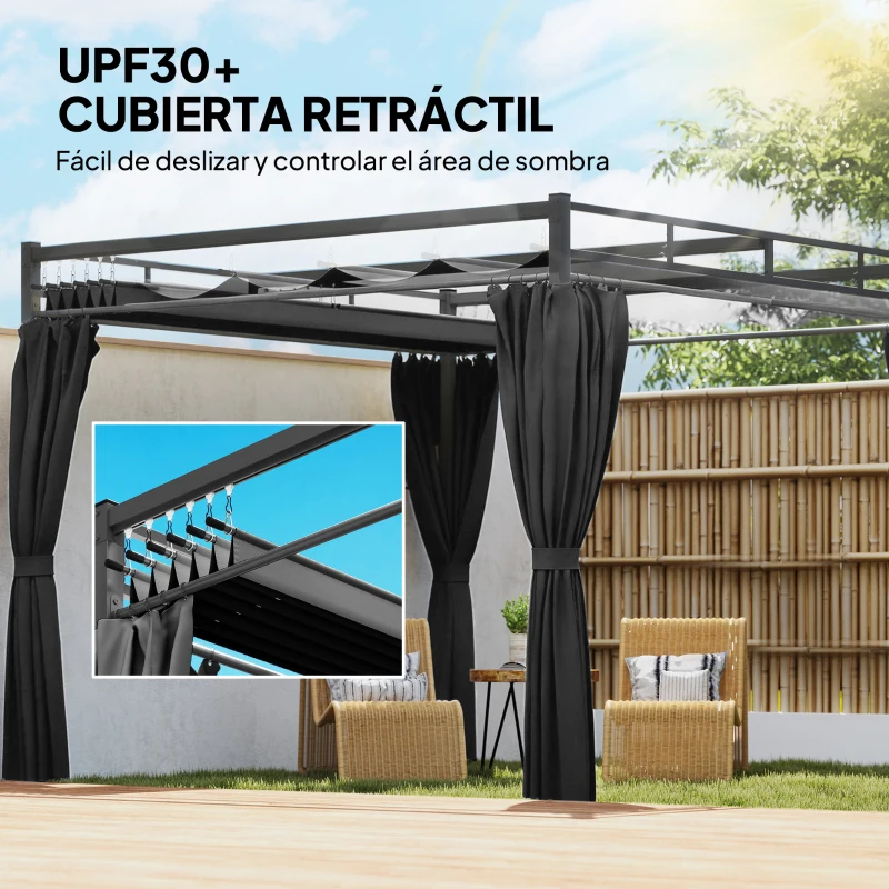 Outsunny Pérgola de Jardín 3x3 m con Techo Retráctil y Cortinas Protección UV30+ Estructura Metálica para Patio Terraza Gris