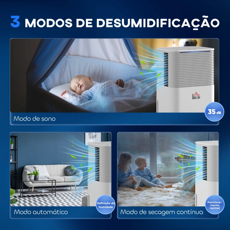 HOMCOM Desumidificador 10L/dia Silencioso com 3 Modos Ecrã LED Temporizador 24H Bloqueio Infantil e Drenagem Contínua Branco