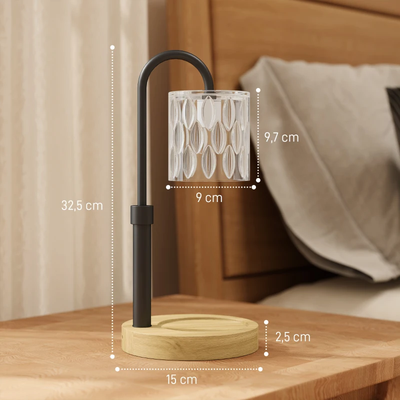 HOMCOM Candeeiro de Mesa Candeeiro Aquecedor de Vela com Base de Madeira Ecrã de Vidro Ø15x32,5 cm Multicor