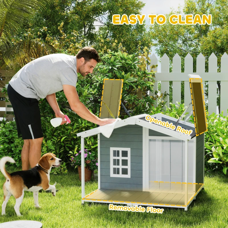 PawHut Hundehütte wetterfestes Erhöhtes Hundehaus aus Holz mit Asphaltdach, Terrasse, für mittelgroße Hunde 103x107x83,5cm Grau