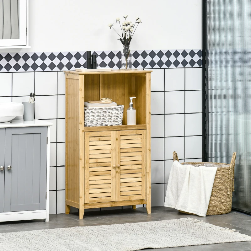 HOMCOM Dulap de baie, dulap baie, raft independent cu 2 uși oblon, raft deschis, bambus, dulap de depozitare pentru baie, living 50 x 25,5 x 92cm Natural
