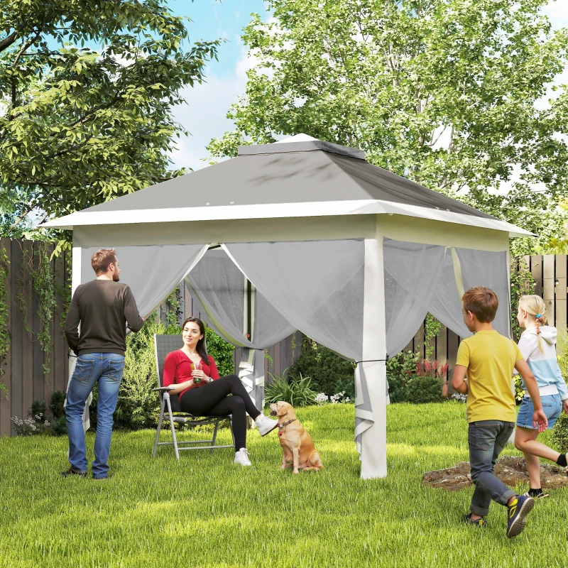 Outsunny Faltpavillon, Gartenpavillon, Metall und Stoffplane, Netzvorhänge, Entwässerungslöcher, 330L x 330B x 288H cm, Grau