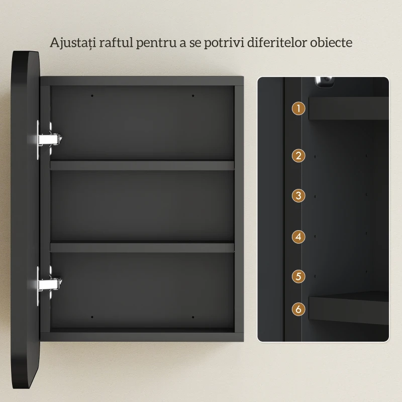 HOMCOM Dulap Baie cu Oglindă și 2 Uși Soft Close, Dulap cu Oglindă, Rafturi Reglabile, Dulap Suspendat Economisire Spațiu din Sticlă, Negru