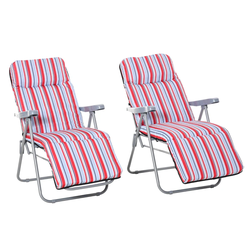 Outsunny Set of 2 Garden Sun Lounger Outdoor Reclining Seat Cushioned Seat Foldable Adjustable Recliner Red and White
