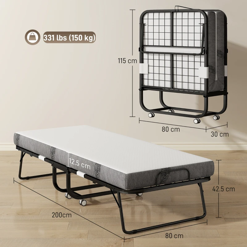 HOMCOM Folding single bed 200 x 80 cm with mattress, portable folding guest bed on casters, steel frame, white