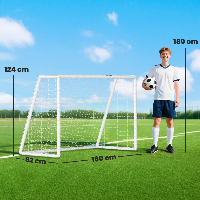 SPORTNOW Poartă de fotbal, plasă robustă, cadru din plastic, țăruși, 180L x 92B x 124H cm, Alb