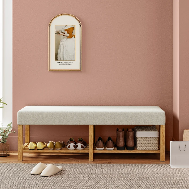 HOMCOM 140 cm schoenenbank van massief hout, moderne halbank met gewatteerd zitgedeelte voor twee personen, natuurlijk hout en crème wit