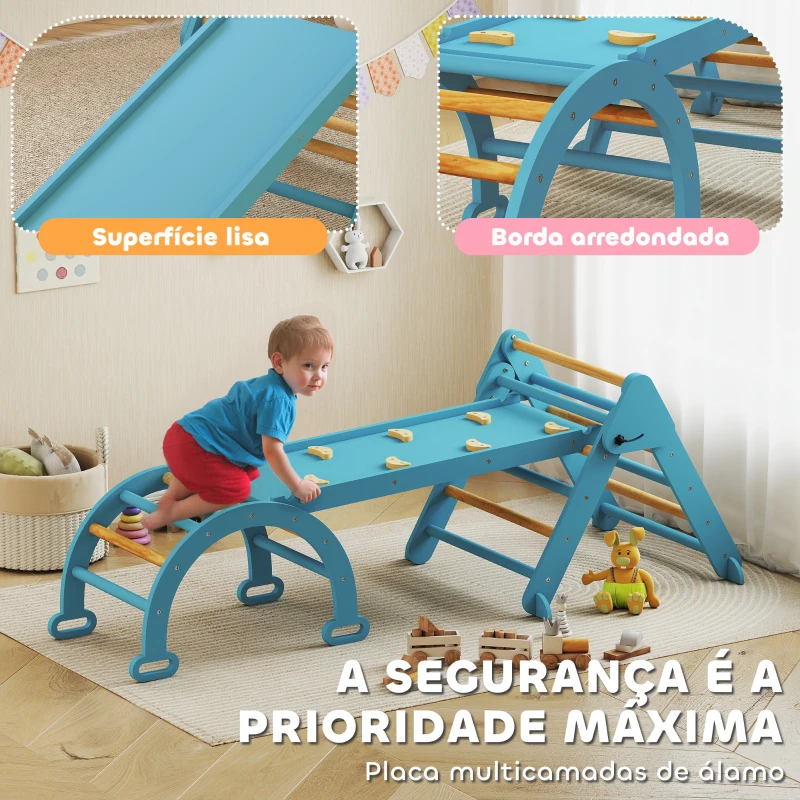 AIYAPLAY Triângulo de Escalada 7 em 1 com Arco e Rampa Escalada para Crianças de Madeira Dobrável para 18-48 Meses 188x70 cm Azul