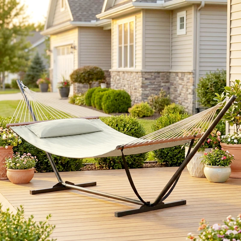 Outsunny Hamac sur pied, hamac avec support en acier, oreiller, barres d'écartement, 368 x 140 x 110 cm, crème