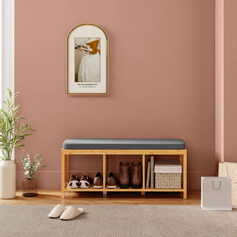 HOMCOM Bamboo Shoe Bench, Entryway Storage Bench with Padded Cushion and Open Shelf, Natural Wood Finish