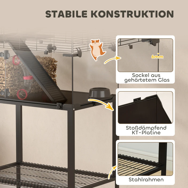 PawHut Hamsterkäfig, Kleintiergehege mit 3 Ebenen, Laufrad, Hütte, Plattformen, Rampen, Futterschale, Wasserflasche, Zubehör, Stahl, Kunststoff, Schwarz