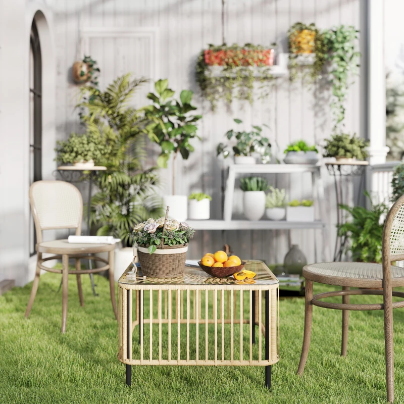 Outsunny Masă de grădină din Polyrattan, 65 x 65 x 43 cm, masă laterală rezistentă la intemperii, pătrată, cu blat din sticlă, lemn natural
