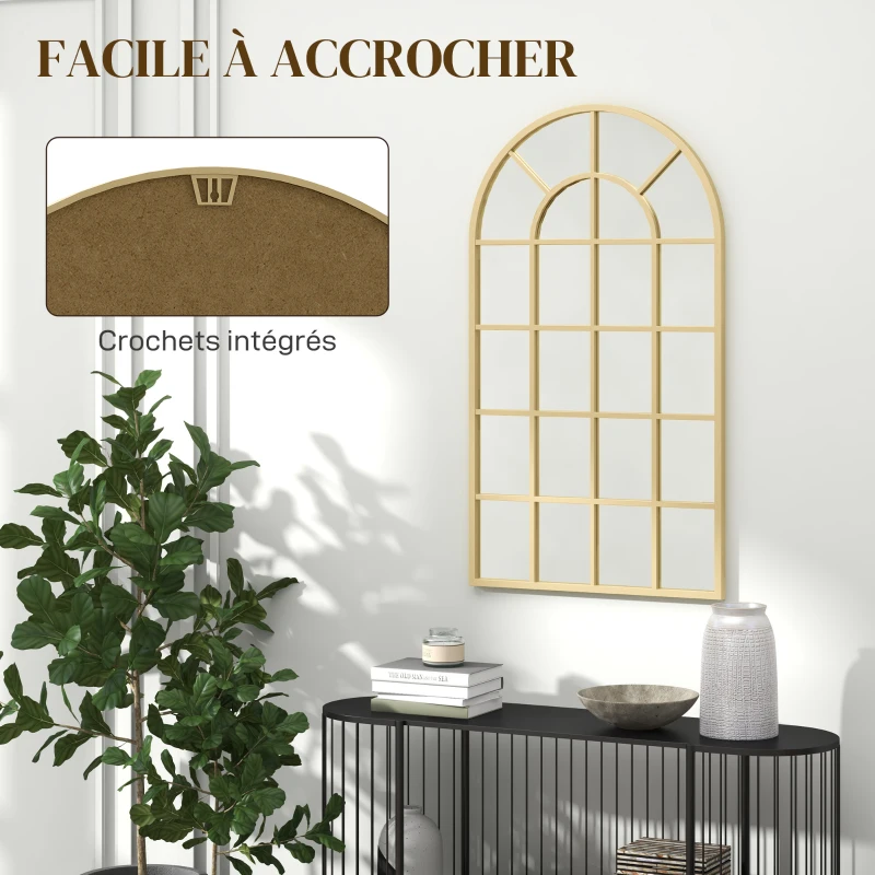 HOMCOM Miroir verrière arche style industriel fenêtre arcade métal 110 x 65 cm doré