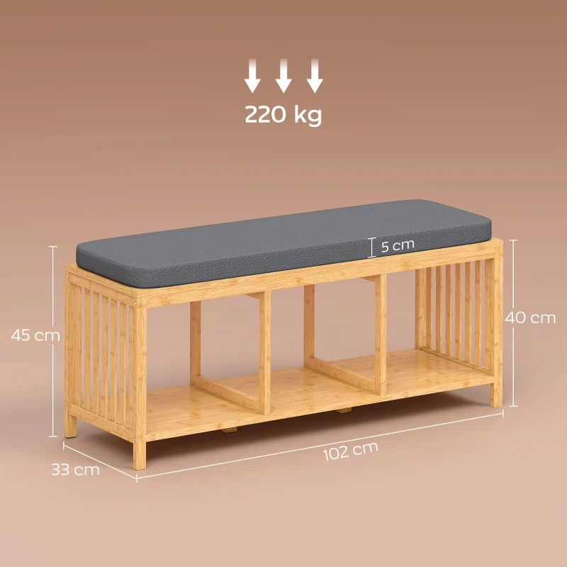 HOMCOM Bamboo Shoe Bench, Entryway Storage Bench with Padded Cushion and Open Shelf, Natural Wood Finish