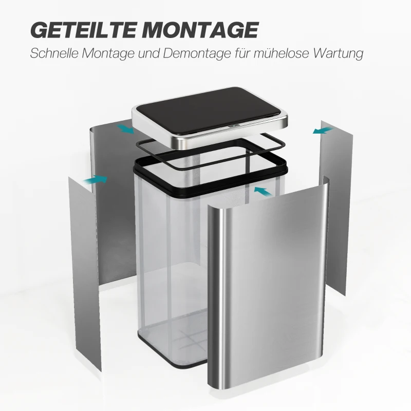 HOMCOM Sensor Mülleimer 40L Edelstahl Automatischer Mülleimer mit Soft-Close-Deckel Bewegungssensor 35,5 x 26 x 55 cm Silber