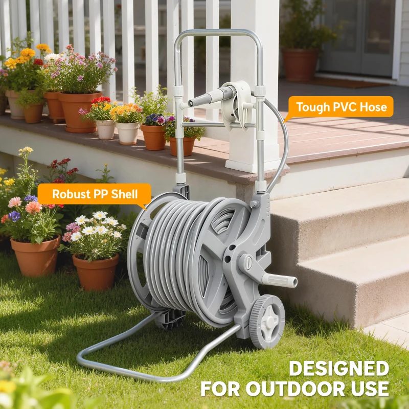 Outsunny Carucior pentru furtun 45 m tambur pentru furtun cu 2 moduri de pulverizare, adaptor robinet manivelă 2 roți 45 x 44 x 78 cm Gri