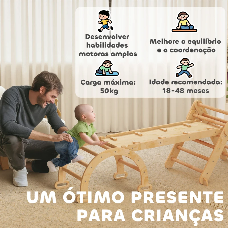 AIYAPLAY Triângulo de Escalada 7 em 1 com Arco e Rampa Escalada para Crianças de Madeira Dobrável para 18-48 Meses 188x70 cm Madeira