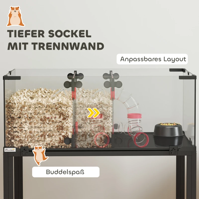 PawHut Hamsterkäfig, Kleintiergehege mit 3 Ebenen, Laufrad, Hütte, Plattformen, Rampen, Futterschale, Wasserflasche, Zubehör, Stahl, Kunststoff, Schwarz