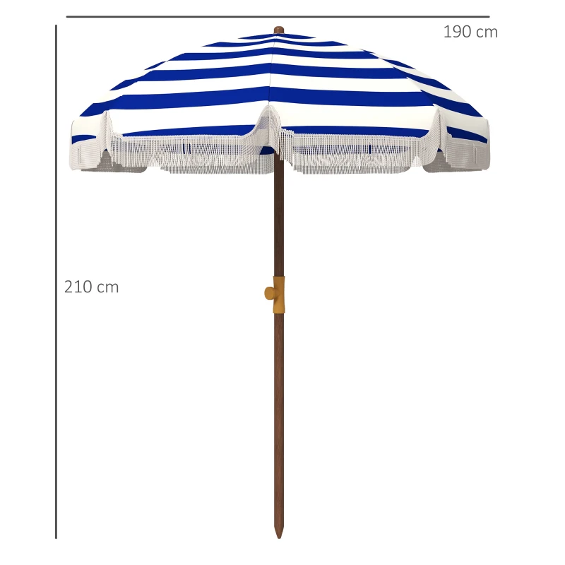 Outsunny Ombrellone da spiaggia con frange e protezione UV40+, Ø190x210 cm, Blu e Bianco