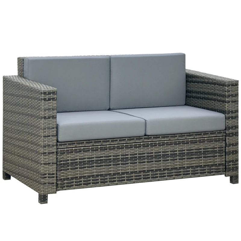 Canapea Outsunny din poly-rattan cu perne, canapea lounge de grădină 2 locuri metal poliester gri 130 x 70 x 80 cm