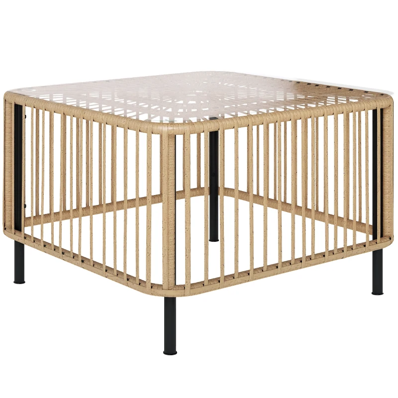 Outsunny Masă de grădină din Polyrattan, 65 x 65 x 43 cm, masă laterală rezistentă la intemperii, pătrată, cu blat din sticlă, lemn natural