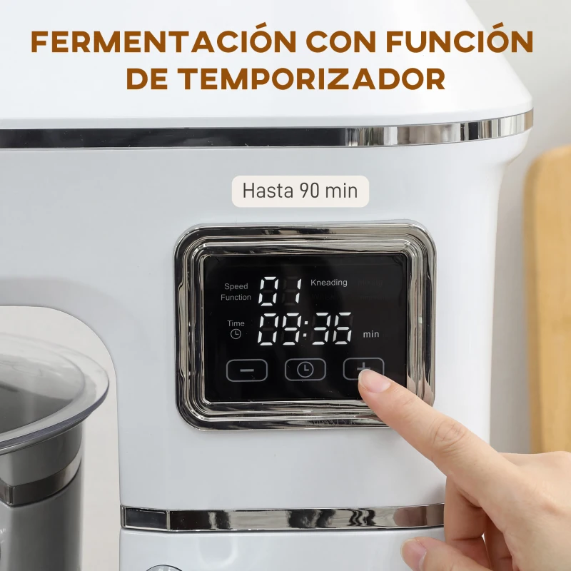 HOMCOM Batidora Amasadora 6L 1400W con Cabezal Inclinable 6 Velocidades Función de Fermentación Pantalla LED Blanco