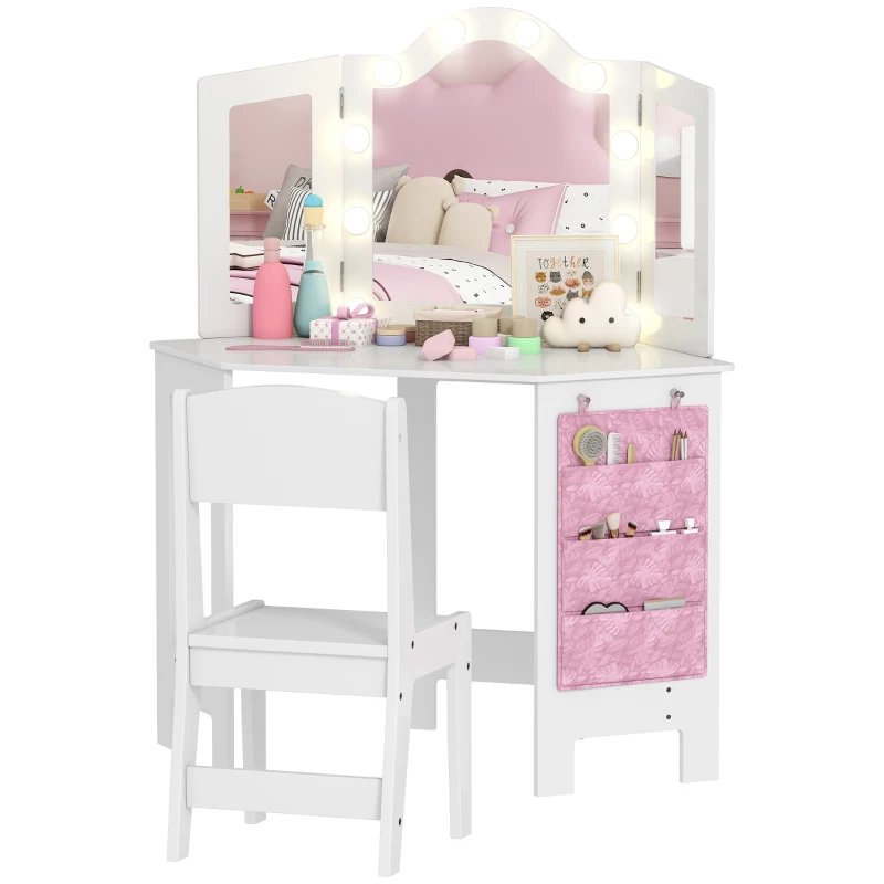 AIYAPLAY Kids Dressing Table and Stool Set, Girls Vanity Table with 2-Colour LED Lights, Tri-Folding Mirror, White