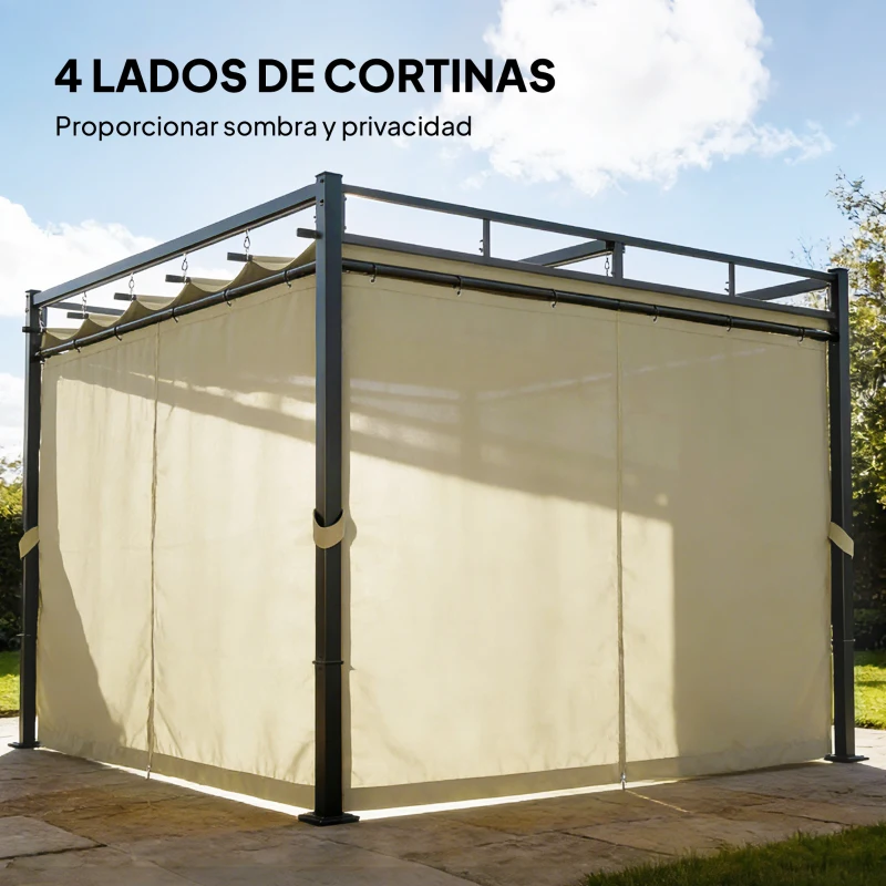 Outsunny Pérgola de Jardín 3x3 m con Techo Retráctil y Cortinas Protección UV30+ Estructura Metálica para Patio Terraza Beige
