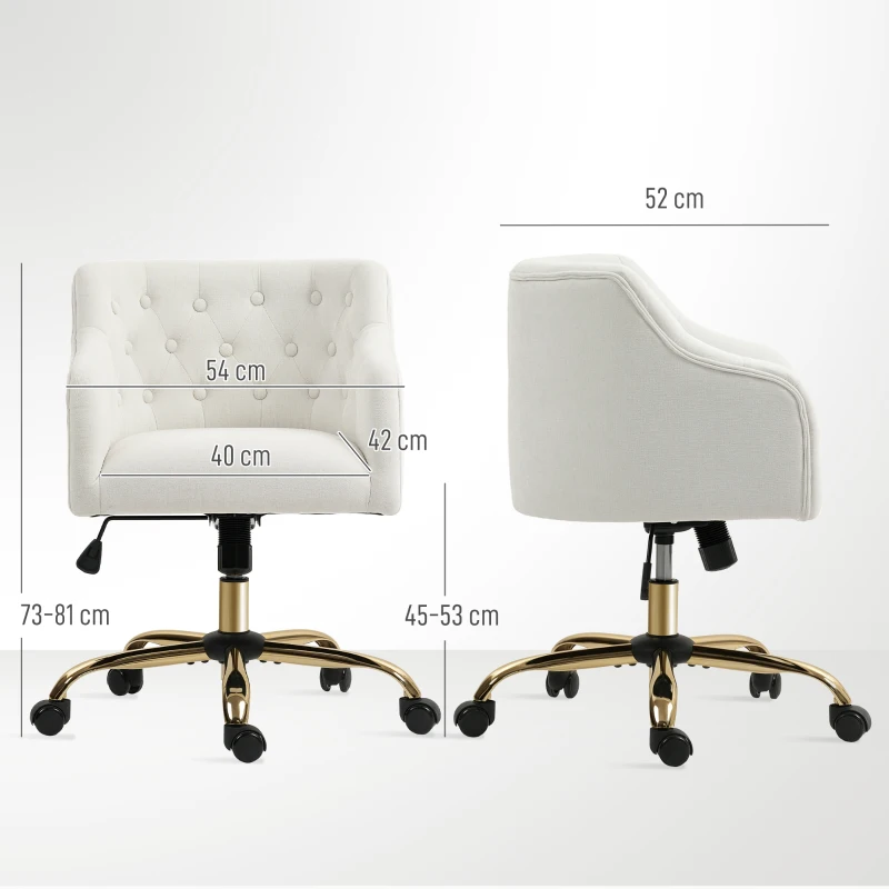 HOMCOM Scaun de birou tapițat, scaun pentru birou cu aspect de in, picioare aurii, reglabil pe înălțime, Bej