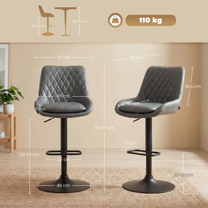 HOMCOM Retro Bar Stools Set of 2, Adjustable Kitchen Stool, Upholstered Bar Chairs with Back, Swivel Seat, Dark Grey(m-3)