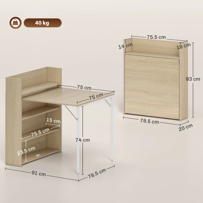 HOMCOM Masă pliabilă cu raft, design industrial, economisire de spațiu, pentru spații mici, 78,5 x 91 x 93 cm, Stejar