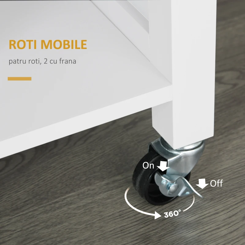 Homcom carucior bucatarie cu 4 roți, 3 rafturi, pentru bucătărie si sufragerie,107×48×89 cm, din MDF, Lemn de cauciucalba, alb(m-7)