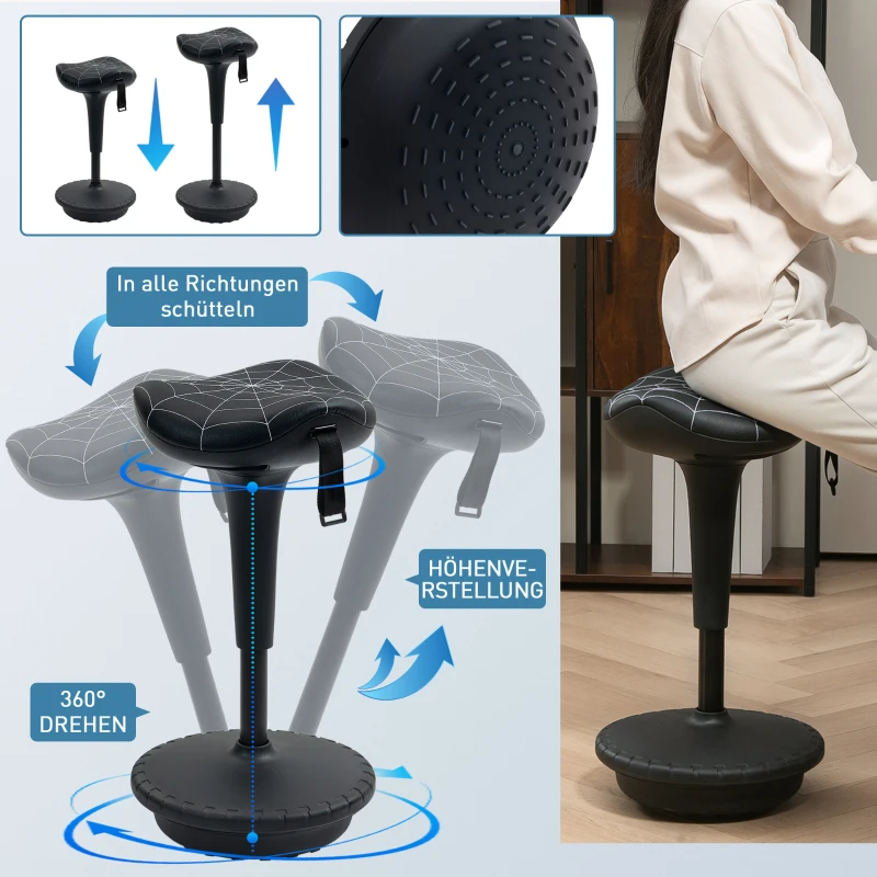 Vinsetto Bureaustoel met draaifunctie, ergonomische kruk, in hoogte verstelbaar 65,5-83,5 cm, 120° kantelbaar, zwart