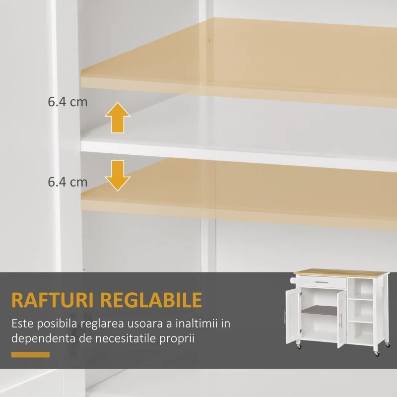 Homcom carucior bucatarie cu 4 roți, 3 rafturi, pentru bucătărie si sufragerie,107×48×89 cm, din MDF, Lemn de cauciucalba, alb(m-4)