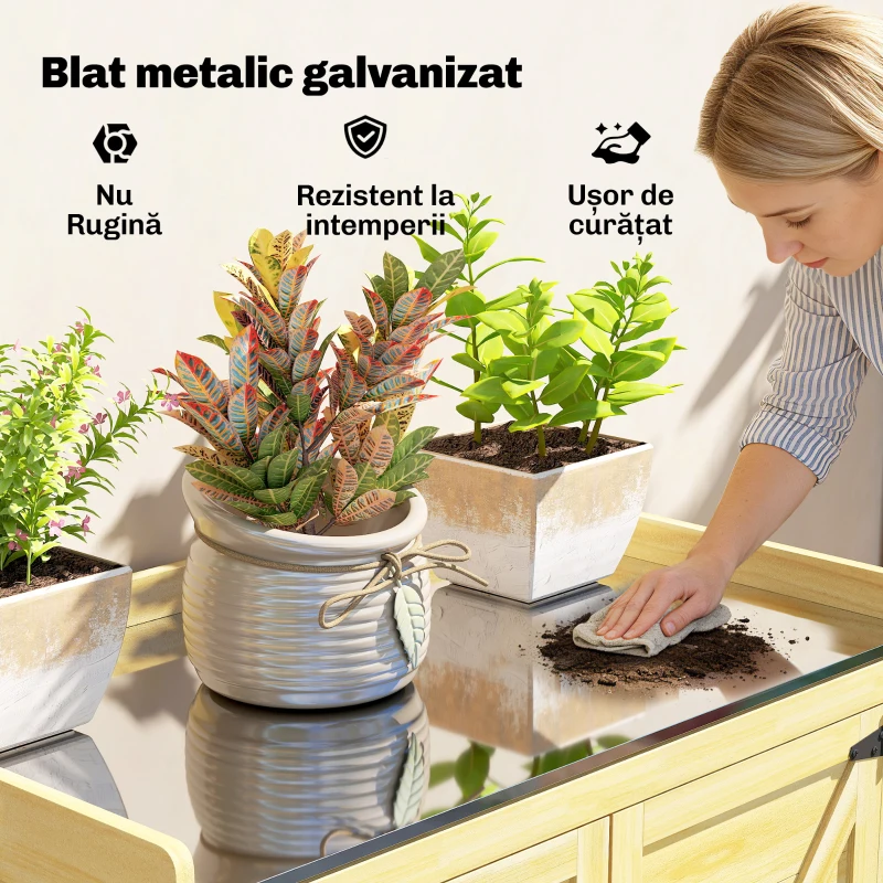 Outsunny Căsuță de Grădină din Lemn de Molid cu Rafturi și Cârlige Laterale, Dulap de Grădină cu Uși Duble și Blat de Lucru din Metal Zincat pentru Terasă, 71,5x39x95cm, Naturală