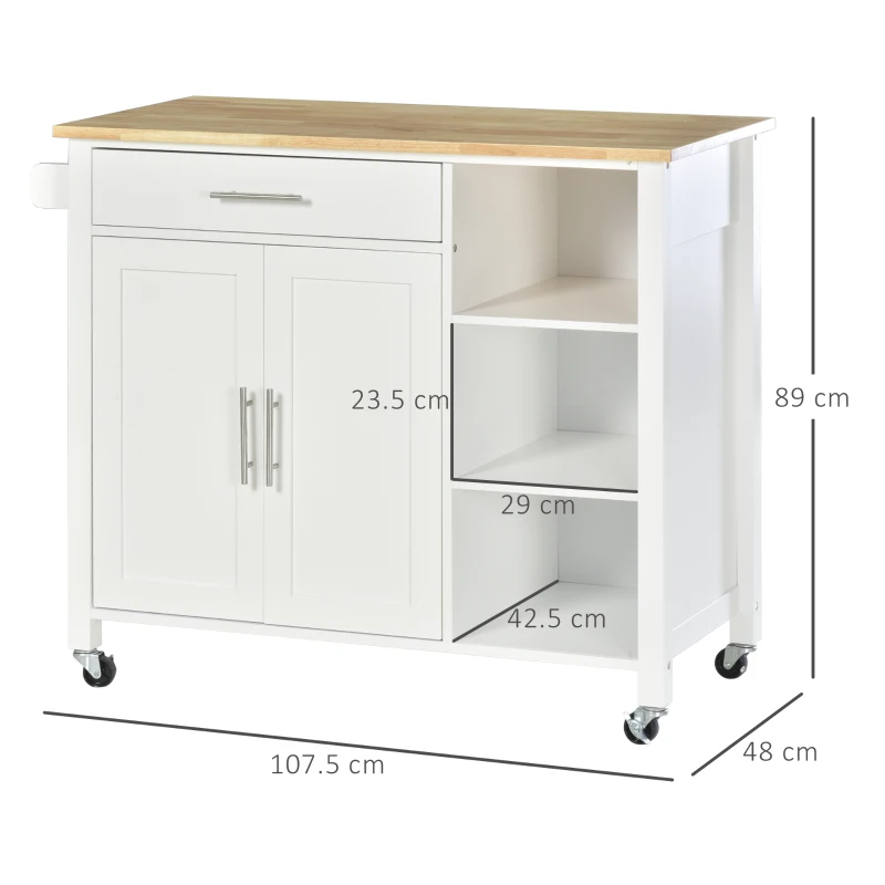 Homcom carucior bucatarie cu 4 roți, 3 rafturi, pentru bucătărie si sufragerie,107×48×89 cm, din MDF, Lemn de cauciucalba, alb(m-3)