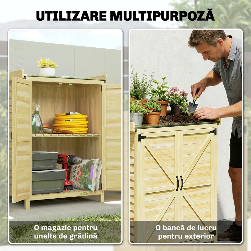 Outsunny Căsuță de Grădină din Lemn de Molid cu Rafturi și Cârlige Laterale, Dulap de Grădină cu Uși Duble și Blat de Lucru din Metal Zincat pentru Terasă, 71,5x39x95cm, Naturală
