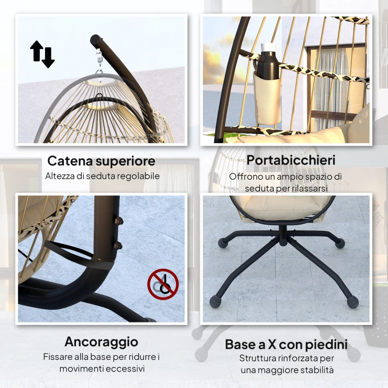 Outsunny Poltrona Sospesa a Uovo con Gancio Regolabile, 2 Cuscini e Cesto Pieghevole, 120x88x192 cm, Cachi