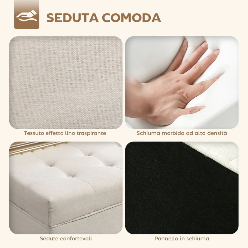 HOMCOM Panca Contenitore da 80L Imbottita con Rivestimento in Tessuto e Gambe in Legno, 118x42x45 cm, Crema