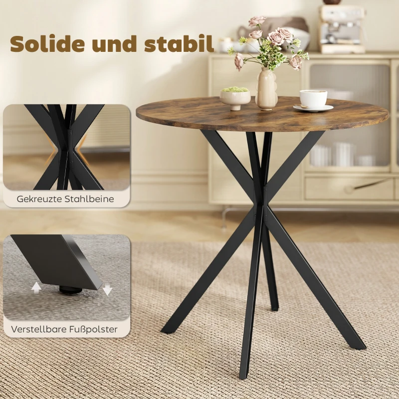 HOMCOM Okrągły stół kuchenny, 80 cm, kompaktowy blat, płyta wiórowa, metal, Rustykalny-brązowy