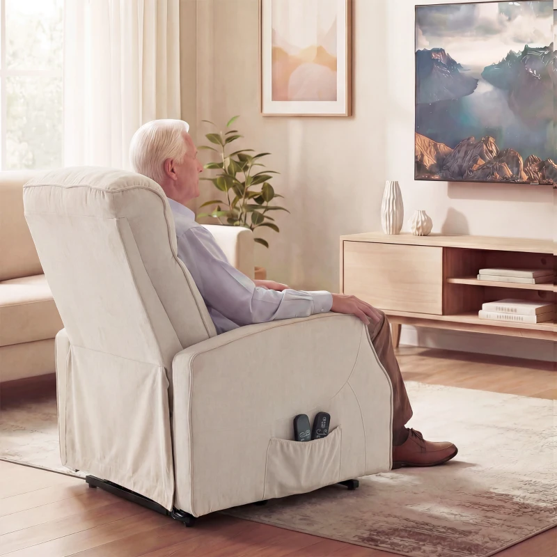 HOMCOM Sillón elevador reclinable 150° con puerto USB y reposapiés, Efecto lino, 74x92x110 cm, Blanco crema