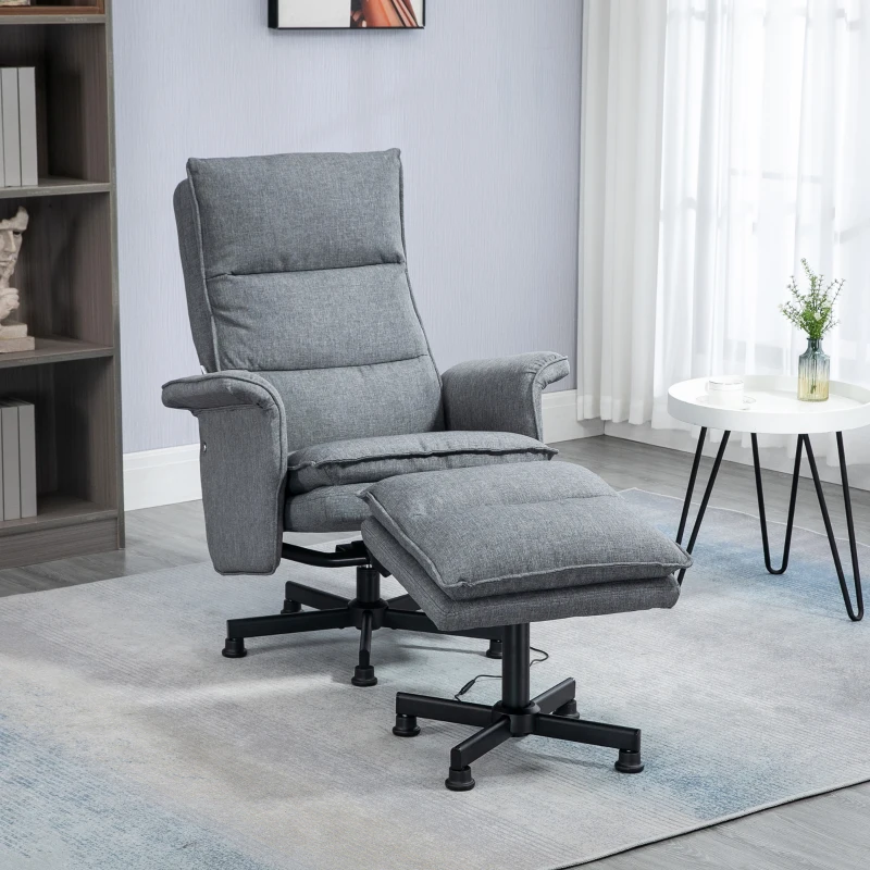 HOMCOM Swivel Recliner Chair and Footstool, Upholstered Massage Recliner Armchair with Remote Control, Timer and Steel Base, Grey