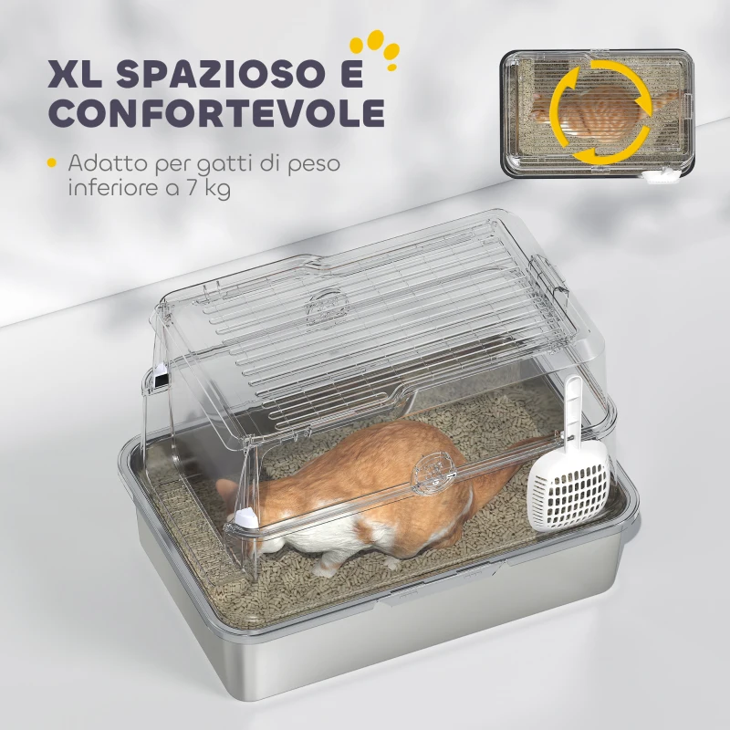 PawHut Lettiera per Gatti Grandi in Acciaio Inox con Coperchio Ribaltabile, Paletta e Deodorante, Grigio Chiaro