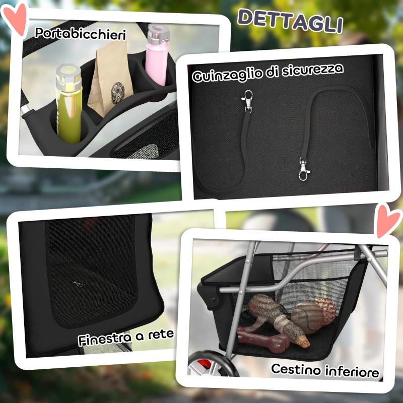 PawHut Passeggino per Cani Pieghevole con Cestino e Portabicchiere, Peso Max. 10 kg, 77x44x102 cm, Nero