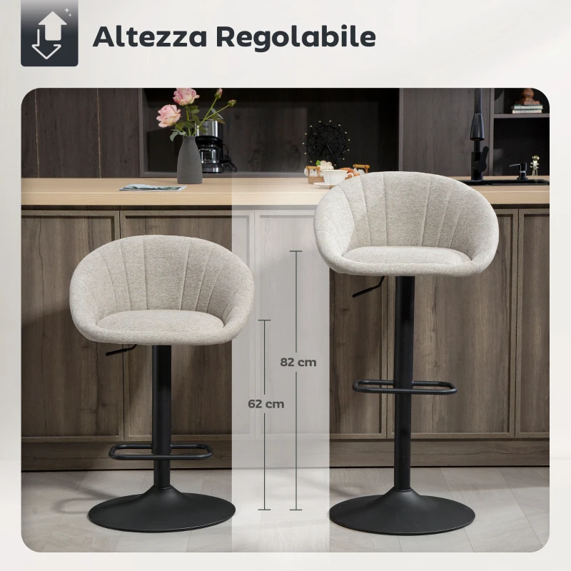 HOMCOM Set 2 Sgabelli da Bar con Altezza Regolabile, Seduta Girevole in Tessuto e Poggiapiedi, Beige
